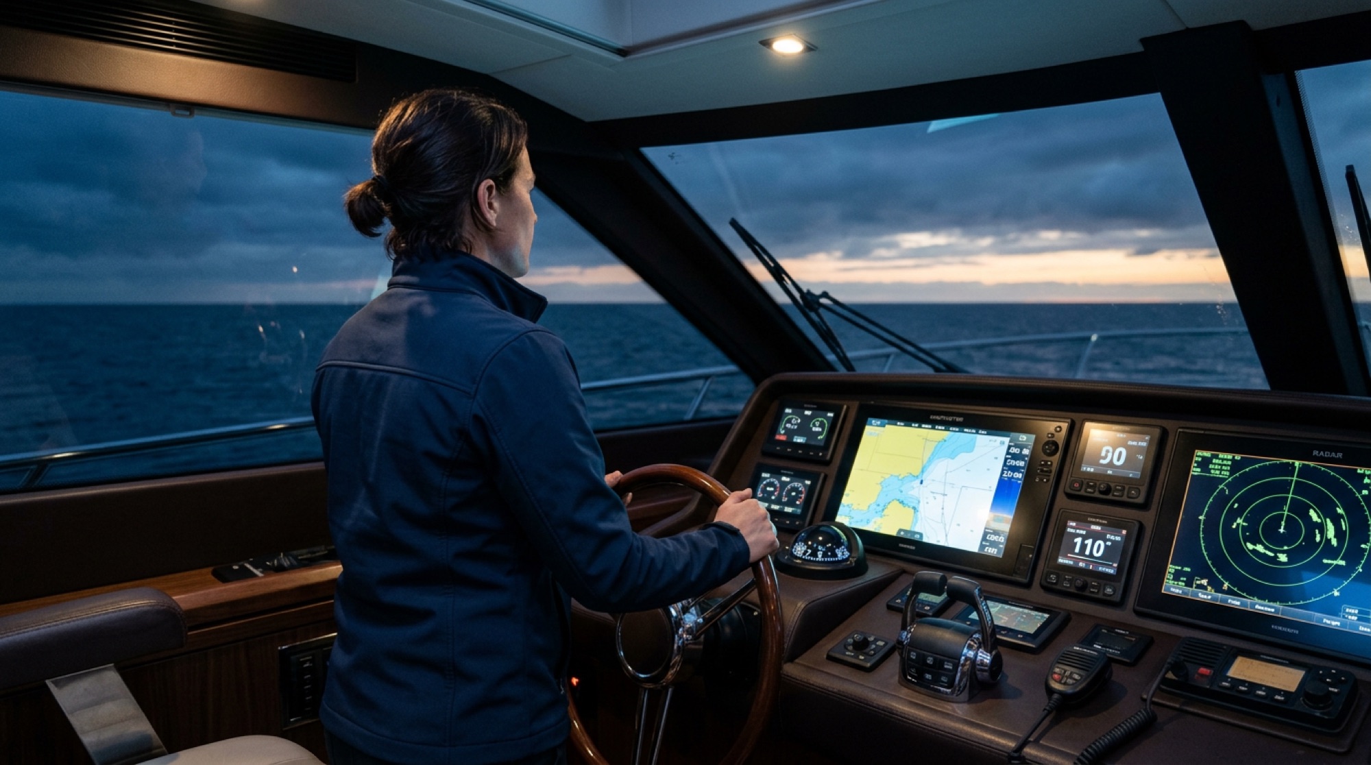 A professional skipper at the helm of a motor yacht during a dawn passage