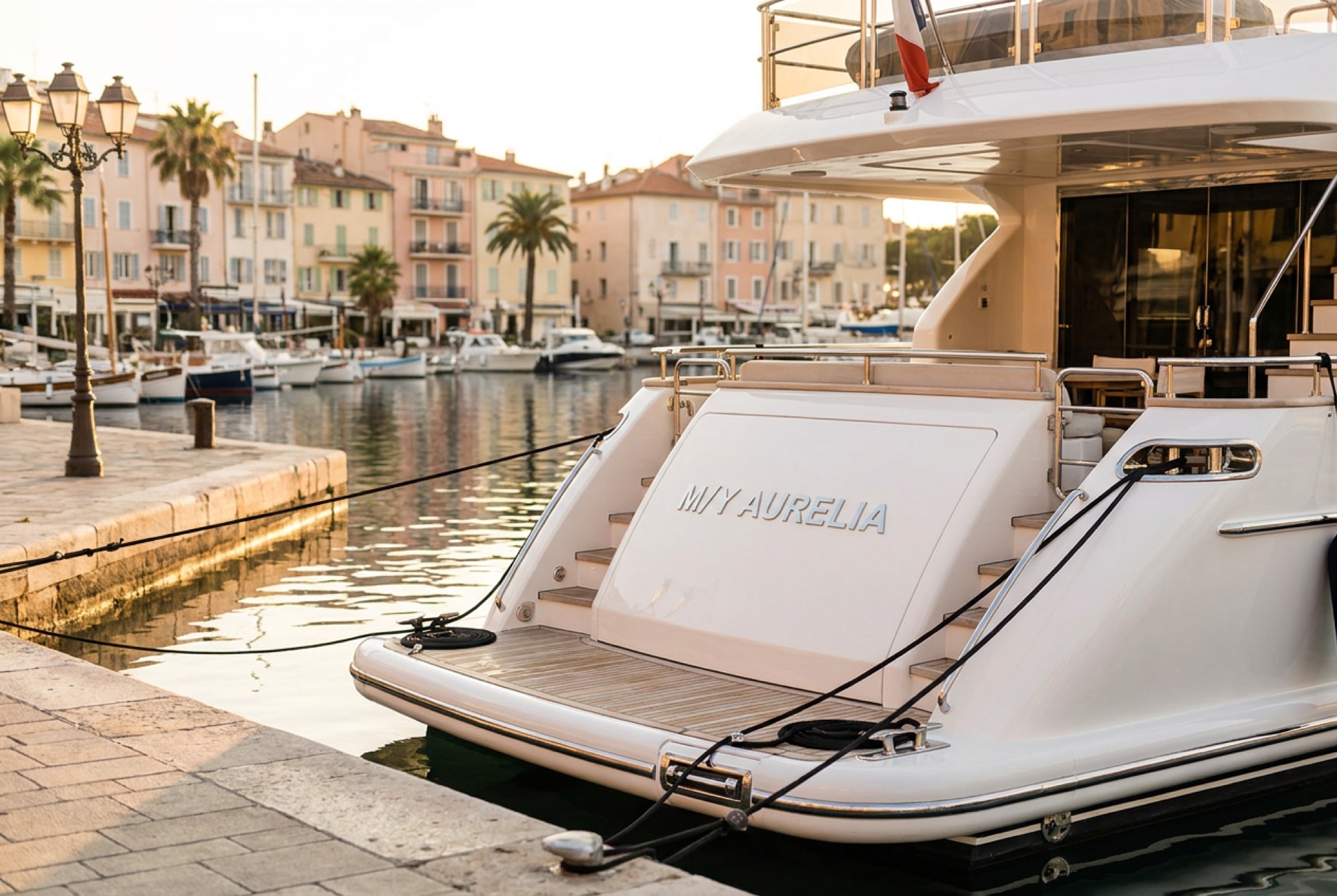 A motor yacht berthed in a Riviera marina at golden hour